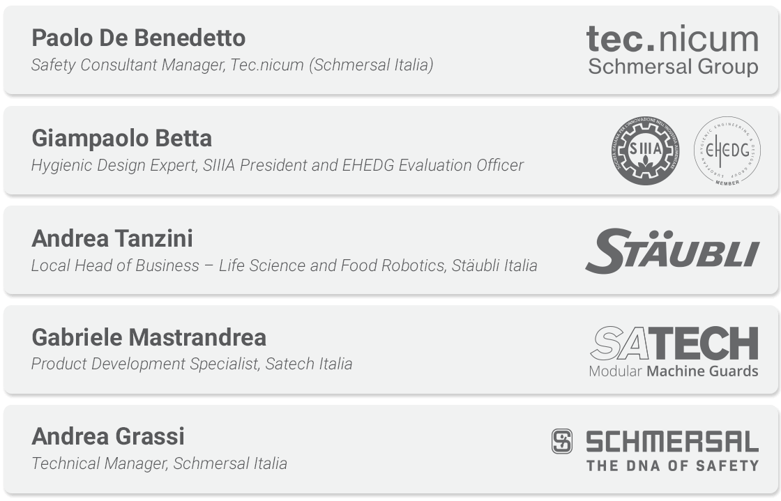 Grafica dei relatori di Schmersal, Satech, Staubli e SIIIA che hanno preso parola durante l'Hygienic Design Conference 2024 - per dispositivi desktop